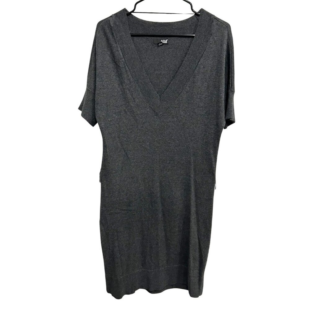 Ana Womens V Neck Short Sleeve Sweater Dress Charcoal Gray Sz Medium
